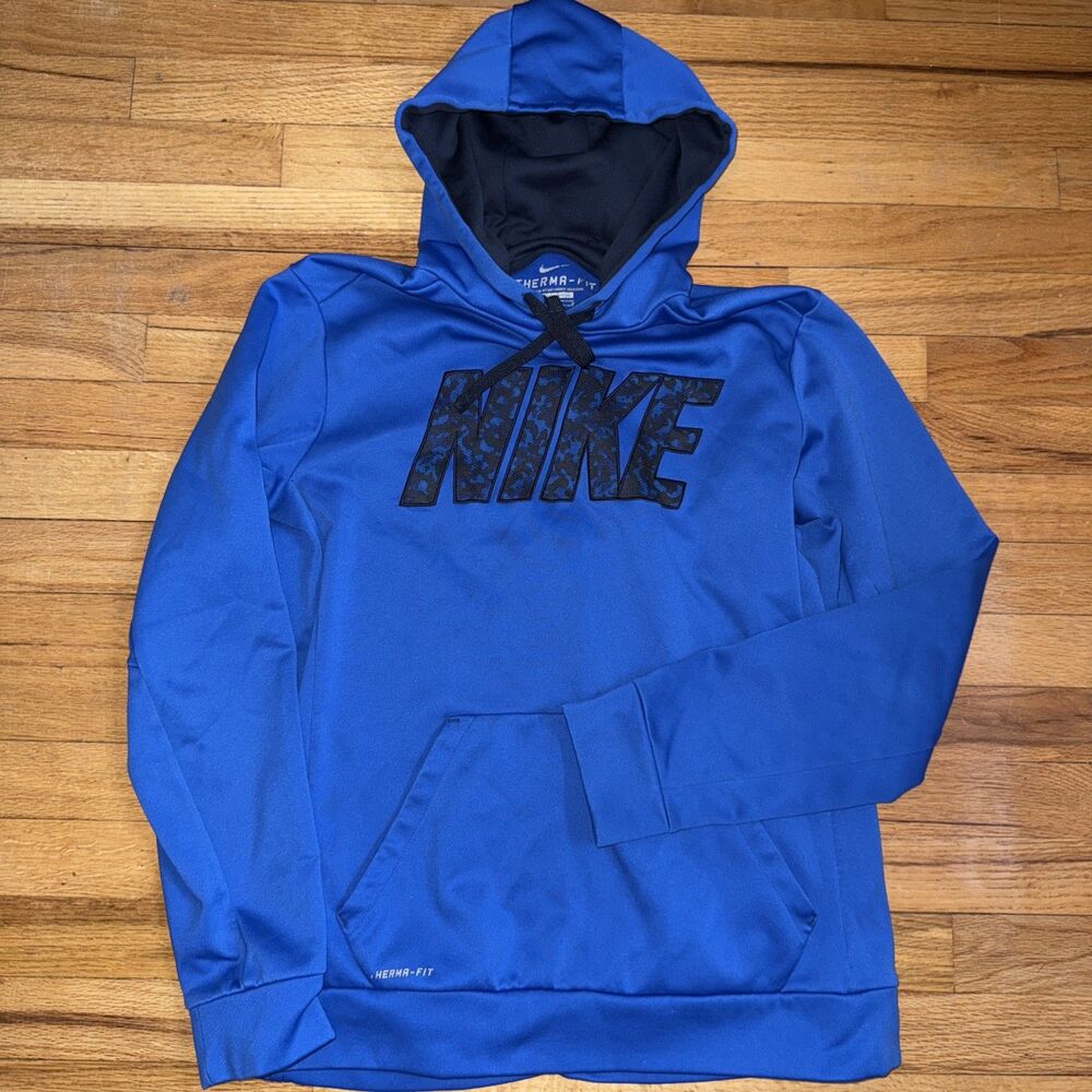 Nike Therma-Fit Hoodie Sweatshirt Mens Size Medium Blue Black Logo Polyester